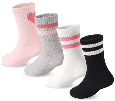 DRESHOW Calcetines Niñas Calcetines Deporte Niña con Corazones Rayas 4 Pares para Niños 4-7 Años