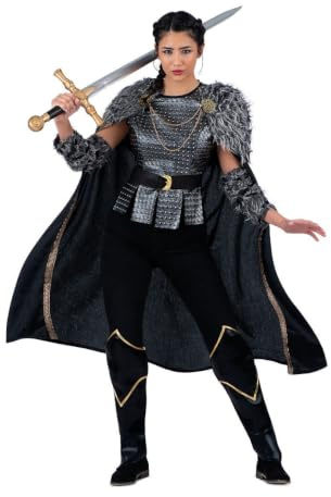 My Other Me - Disfraz Vikinga mujer talla XXXL adulto en gris y negro | Incluye capa con broches, cuello y manguitos de pelo sintético, túnica con tachuelas metálicas, cinturón y cubrebotas