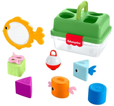 Fisher-Price Caja de Pesca Encaja y Guarda del Bosque de la Amistad Juguete para bebés, Actividad de clasificación de Formas con Red de Pesca y 6 Bloques para bebés a Partir de 6 Meses, JLB85