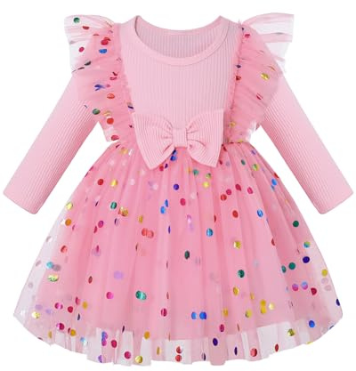 Amissz Robe tutu à manches longues pour fille - Motif floral brodé - Pour mariage, concours de beauté, demoiselle d'honneur, bal de fin d'année, fête d'anniversaire - 2 à 8 ans, rose, 2-3 ans