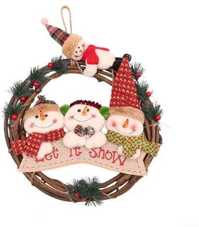 Volakebeing Rattan-Türkranz, 29 cm, handgefertigt, Dekoration mit Weihnachtsmann, Schneemann, Rentier, Innen- und Außenbereich, Haustür, Wandbehang Ornament (Schneemann)