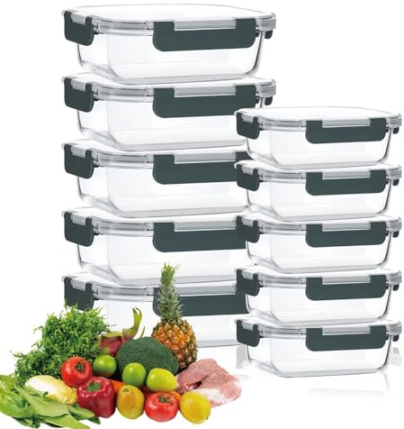 DYUEE Glass Meal Prep Containers with Lids 10Pack Food Storage Containers | 1050ml & 370ml Reusable Airtight Stackable Leakproof Lunch Box for Microwave/Freezer/Dishwasher