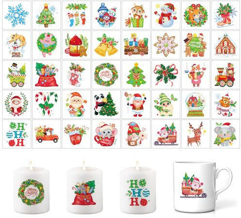 Yarteim 40 Stück Kerzentattoos Weihnachten, Glitzer Kerzen Tattoo Weihnachten, Weihnachtsmann Kerzen Aufkleber, Elch und Weihnachtsbaum Kerzentattoos, Wasserschiebefolie für Stabkerze Keramik Tasse