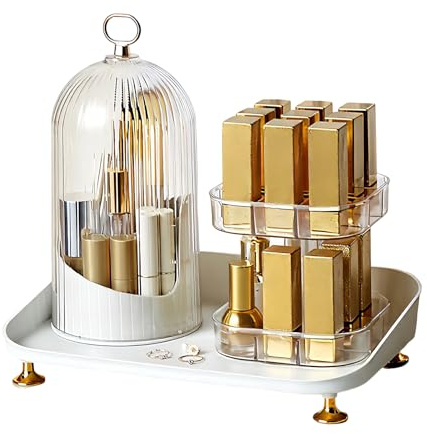 Make Up Kosmetik Organizer Drehbar, Schminktisch Organizer Drehbar 2-in-1, drehbarer Beauty organizer, Pinselhalter Kosmetik mit Deckel, Dreh organizer kosmetik für Eyeliner Pinsel und Lippenstift