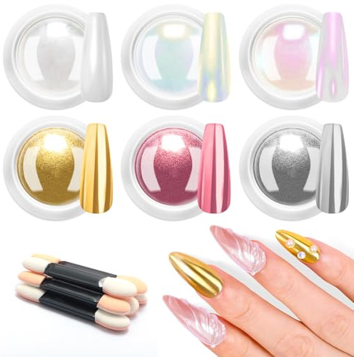 6 Farben Metallic-Spiegeleffekt Gold-Chrome-Nagelpulver, Super irisierendes Aurora-Chrome-Nagelpulver, Perlmuttweißes Crome Pulver Nägel, Schimmernder Glitzerstaub-Kit für DIY-Nageldekoration zu Hause
