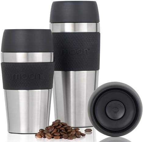 Moon 360° Travel Mugs - Leakproof Reusable Coffee Cup for Hot Drinks - Insulated Stainless Steel Thermal Mug, Fits Car Cup Holders (450ml, Recycled Metal/Black)