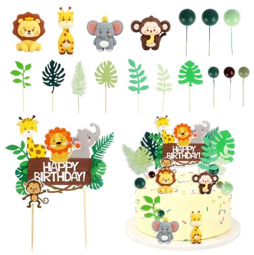 Wznnlt 18 PCS Safari Animal Cake Toppers Animals Happy Birthday Cake Toppers Cake Decorations with Elephant Lion King Wild One Topper for Kids Birthday Shower Party Supplies