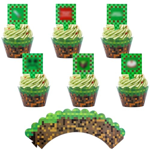 48 Stück Pixel Cake Topper Set, inkl. 24 Cupcake Wrapper & 24 Tortendeko für Videospiel Mottoparty, Miner Game Kuchen Deko Kindergeburtstag, Gamer Geburtstag Dekoration für Kinder
