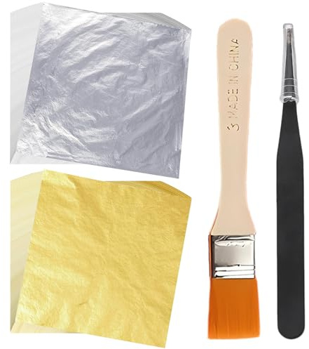 fshxj 100 Blatt Blattgold,100 Blatt silbergold,Gold Basteln Zum Blätter für Goldfolie Imitation,Papier Leaf,Acrylmalerei,Blattsilber Deko Echt,Goldpapier für Nägel,Holz,MöBel Dekoration(8.5x8cm)