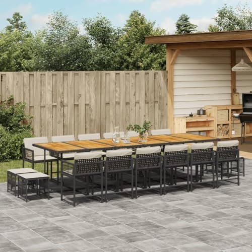 QJBSAVVA 17-teiliges Garten-Essgruppe Schwarz 330x106x73 cm Poly-Rattan klappbar mit Akazientisch Sitzhocker Outdoor Sitzgruppe Balkon Terrasse platzsparend für kleine Balkone