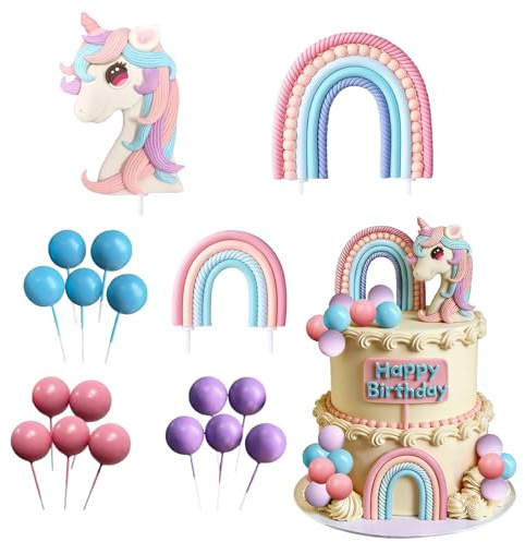 18PCS Set Unicorn Cake Topper Inclusionh Unicorn, Large and Small Rainbow, Blue, Pink, Purple Balls, Rainbow Cake Topper for Girls