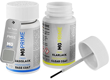 MG PRIME Autolack Lackstift für Tesla PMSS Starlight Silver Metallic +1K | Silber Metallic, Set aus Basislack + Klarlack, Lackfläschchen mit Pinsel, je 50ml