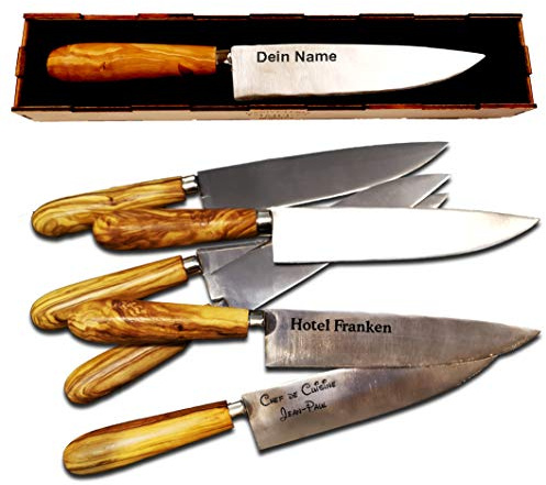 Messer mit Griff aus Olivenholz - graviert mit Wunschgravur, Klinge aus Molybdän Vanadium 380, personalisiert, Küchenmesser mit Wunschname superscharf