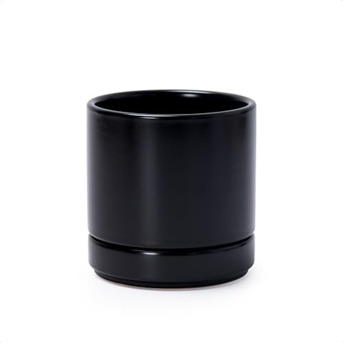 D'vine Dev 4.7 Inch Ceramic Planter Pot with Drainage Hole and Saucer, Indoor Cylinder Round Planter Pot, Black, 94-O-B-2