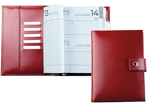 DELMON VARONE - Personalisierbarer Buch-Kalender DIN A5 2026 + 2027 Cambridge Top Grain Leder Rot - Organizer Terminplaner (1 Tag 1 Seite) - Kalender-Buch mit Druckknopf Stiftschlaufe, Einschubfächer
