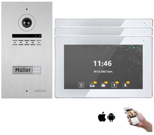 MATHFEL 2 Draht Bus Video Fingerprint Türsprechanlage Gegensprechanlage Fischaugenkamera 170 Grad, Außenstation in weiß, HD Auflösung, : 3x10'' Monitor mit WLAN Schnittstelle