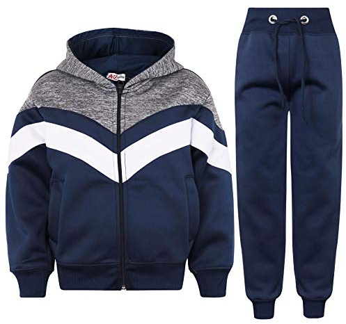 A2Z 4 Kids Girls Boys Unisex Tracksuit Contrast Panelled Fleece Hooded - T.S 312 Navy 9-10