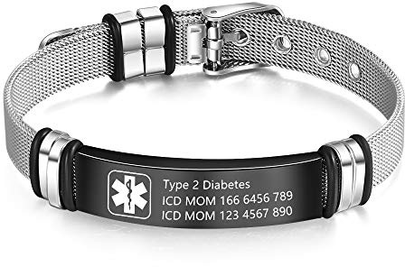 Glooraca Personalizzazione SOS Bracciale medico regolabile per uomo e donna Acciaio inossidabile e silicone Avviso medico ID medico Incisione gratuita