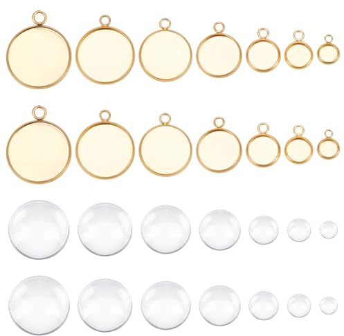 UNICRAFTALE Goldene Rohlinge Anhänger Set - 14 Stück in 7 Größen, transparente Glascabochons, edelstahlige Lünette Einstellungen