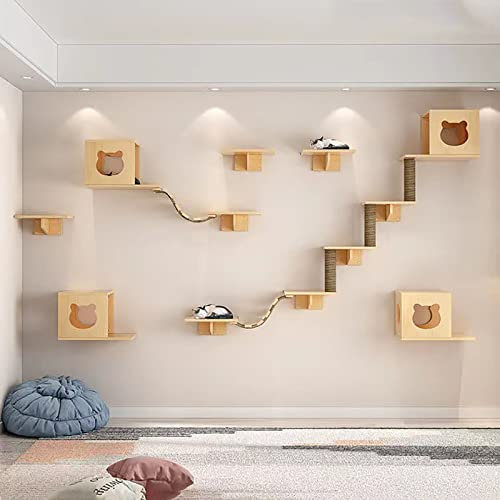 Katzen-Wandregale, Katzen-Wandmöbel, an der Wand befestigte Katzen-Hängematte, Holzstange, Katzenstufen, Katzenbrücke, Kratzbaum, Katzenkletterer, Katzenbett, bei Wandmöbeln für Katzen im Innenbereich