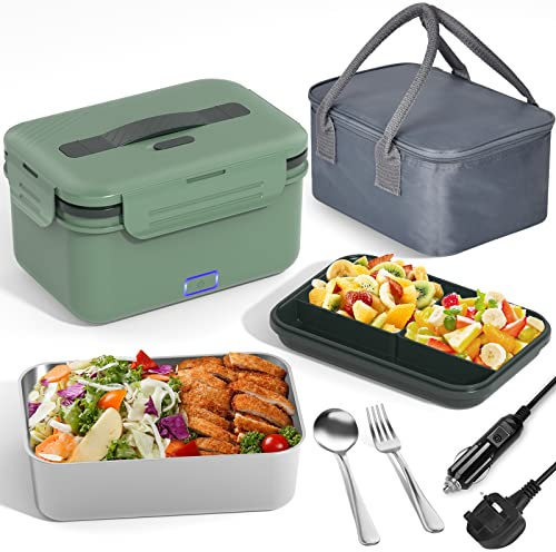 Vabaso 100W Electric Lunch Box with Fruit Compartments, Heated Lunch Box Adults with Insulated Lunch Bag, 1.8L Large Capacity 304 SS Container,Leakproof, Father's Day Gifts for Car Truck Driver Green