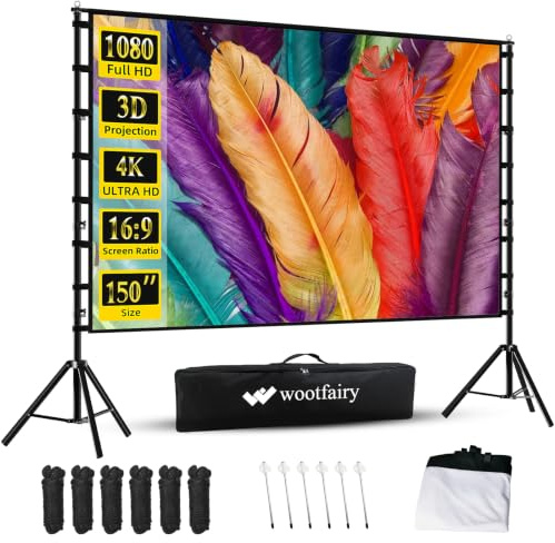 wootfairy Projektor-Leinwand mit Ständer, 150 Zoll, tragbar und faltbar, 4K-HD, 16:9, hintere Vorderseite, faltenfreie Filmleinwand mit Tragetasche für drinnen und draußen, Heimkino, Hinterhofkino | Faltbare faltenfreie 16:9 4K HD Vorne Hinten Große Projektionsleinwand mit Tragetasche für Hinterhof, Familientheater, Kino