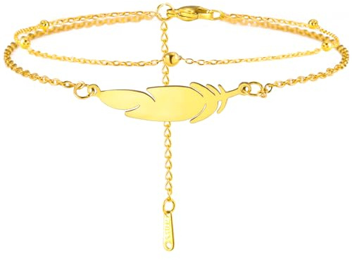 Dreamtimes caviglie delle donne piede catena Colore argento piuma in acciaio inox doppia catena piede stile spiaggia Trendy Boho cavigliera piede catena gioielli femminili Accessori (Oro)