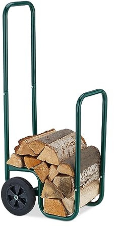 Relaxdays Carrello Portalegna, Carretto Trasporto Ceppi di Legna da Max. 60 kg, Carriola a 2 Ruote, in Acciaio, Verde, Gomma, 109,5 x 41 x 45 cm