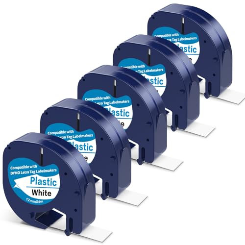 DRNS Ersatz für Dymo Paper White 12mm x 4m, Kompatibel Dymo Letratag Etikettenband Papier Weiß, 5 Stück, Etikettband