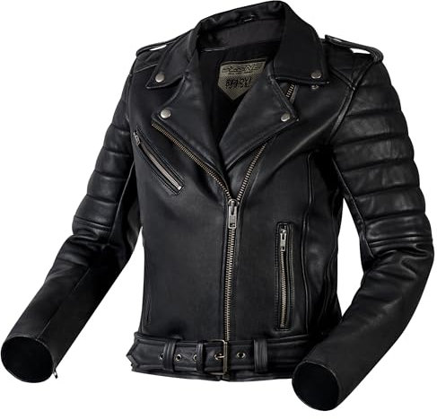 OZONE MOTO Modern Lady Motorradjacke Damen | Ziegenleder | Ellbogen und Schulterprotektoren Stufe 1 | Rückenprotektortasche | Moderner Retro Look