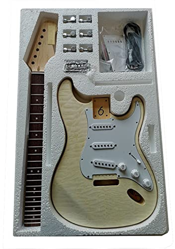 Fachmann E-Gitarren-Bausatz Basswood Korpus Flame Maple Furnier Palisander Griffbrett Ahornhals E-Gitarren-Zubehör-Set Selbstbau Gitarrenkit (Color : 04)
