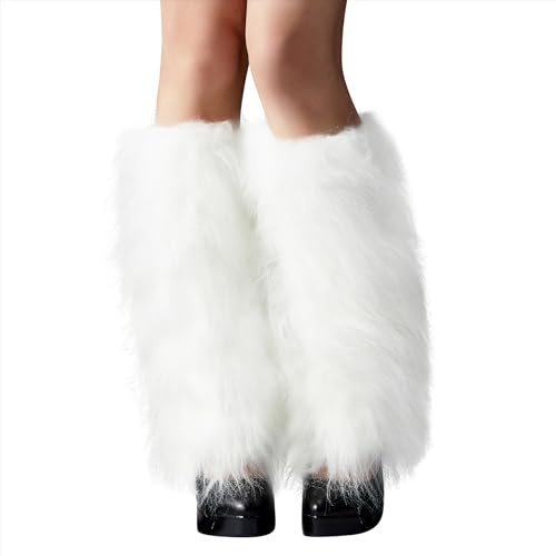 Zando Furry Faux Fur White Leg Warmers for Women - Soft Fluffy Leg Warmers, Winter Warm Fashion Fuzzy Boot Cuffs Covers for Halloween Accessories Costume Cosplay Party Daily Wear One Size