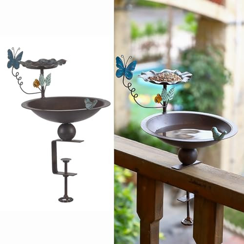 CaliDecor Mangeoire à oiseaux de balcon pour balustrade de terrasse, baignoire à oiseaux 2 en 1 montée sur le pont avec décoration papillon vif, bain d'oiseaux en métal pour extérieur, porche,