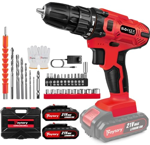 Perceuse Visseuse Sans Fil 21V, Visseuse Devisseuse Sans Fil avec 2 Batterie, 45Nm Perceuse Électrique, 25+1 Réglages de Couple, 2 Vitesses, LED, 29 Accessoires et Valise, pour la Bricolage