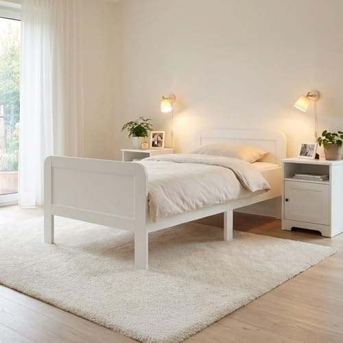Homestyle4u Einzelbett mit Lattenrost Holzbett 90x200 Komfortbett Weiß Single Bett Senioren Komforthöhe