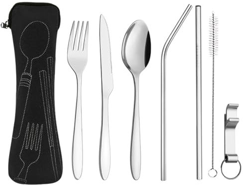 7 pièces de couverts en Acier Inoxydable, avec couteaux, fourche, cuillère, ouvre-bouteille, couverts de paille,brosse,ensemble de couverts transportables,pour les Voyages et le Camping (Noir)