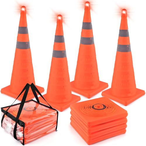 ERKOON 4 Pack 28 inch Collapsible Traffic Cones with Bag, Safety Cones with 4 LED Safety Road Parking Cones Driving Construction Cones Fluorescent Orange Pop Up Reflective Safety Traffic Cones