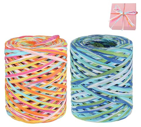 GOIEHIR Raffia Bastband, 2 Rollen Raffia Papierband, Bunte Bastband, 100M und 66M，für Geschenkverpackung, Basteln, Weihnachten, Hochzeit, Geburtstag, Party