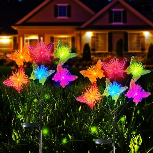 Recitem Solar-Gartenleuchten 2er-Pack, lebensechte schwankende Schmetterlings-Solarleuchten, warmes Licht & Blinkmodus, wasserdicht, Solar-Glühwürmchen-Lichter für Garten & Balkon (Stil B)