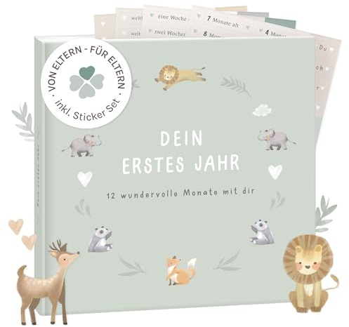 mintkind® Mein erstes Jahr Babyalbum Salbei – sanftes Babytagebuch mit 176 Seiten und Sticker-Set für ruhige Erinnerungen im ersten Lebensjahr, hochwertiges Hardcover 21 x 21 cm