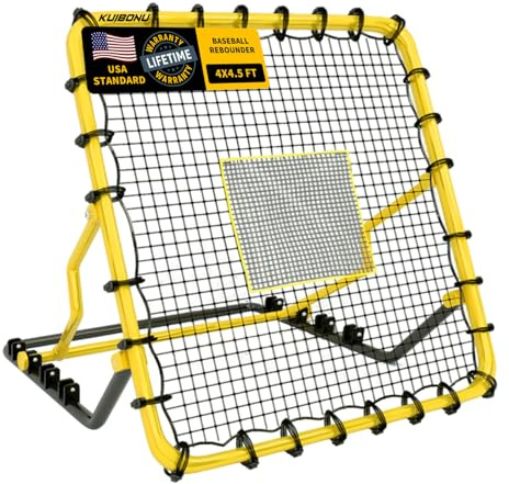 KuiBonu Baseball-Rückprallnetz – 1,2 x 1,4 m Baseball- und Softball-Rückprallnetz mit 4 verstellbaren Winkeln, stabiler Stahlrahmen, reißfestes HDPE-Netz, perfekt für Pitching-Feld-Fangübungen