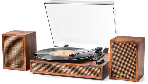 Vinyl Record Player with External Speakers, 3 Speed Vintage Stereo Turntable for Vinyl Records, Bluetooth Input, Auto Stop & Belt Driven System, RCA Out and Aux in - Brown