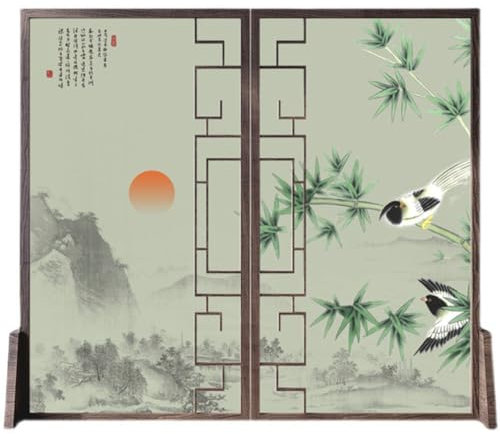 2 Panneaux De Séparation De Pièce En Bois De Style Chinois, Écran Pliant De Partition De Confidentialité D'oeuvre Indépendante Modèle Imprimé De Style Vintage Séparateur Mural Portable(Green-A,120x180
