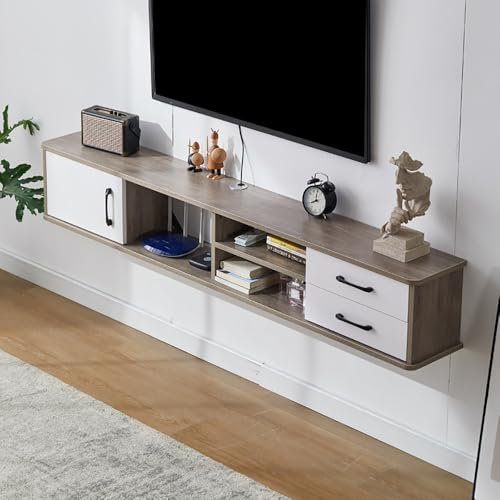 An der Wand montierter TV-Ständer mit 2 Schubladen, kleiner schwebender TV-Ständer, schwebende TV-Regale for die Wand, schwebendes Regal for unter den Fernseher, hölzerner TV-Schrank, for Zuhause und