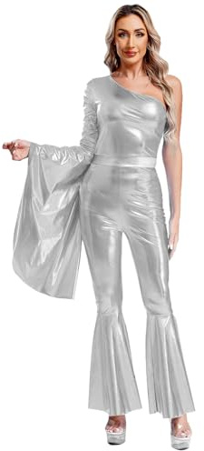 Jugaoge Dam 70-tals Disco Danskostym One Shoulder Långärm Bodysuit Utvidgade Klockärmar och Ben Glänsande Metallisk Jumpsuit Danskläder Silver M