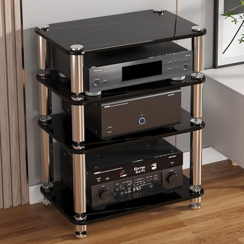 JIAOCKJIAO Hi Fi Regal, Hi Fi Audio Rack, Phonoschrank mit Stoßdämpfenden Nägeln, Moderner Record Player Stand, Gehärtete Glasscheibe, Rahmenbeine aus Edelstahl(Nero,4 Tier 60x40x76CM)