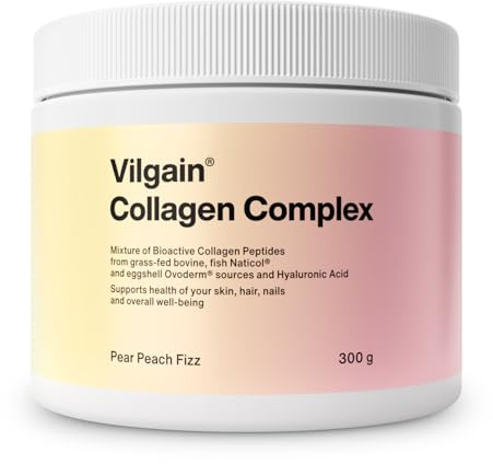 Vilgain Collagen Complex (300 g) Birne & Pfirsich – 30 Portionen Trinkkollagen mit Hyaluronsäure, Vitamin C & Biotin, Hydrolysiertes Rinderkollagen & Fischkollagen für Haut, Haare & Nägel, Fruchtig