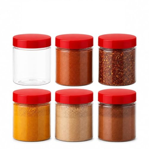 ANGIX 6 x 100ml Plastic Storage Jars with Screw Top Lids, Airtight Food Storage Containers for Kitchen, Food, Spices, Herbs & Sweets, Clear Canister Pots (RED)