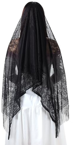 Manfnee Black Lace Shawls and Wraps for Evening Dresses with Tassels Wedding Party Mesh Lace Veil