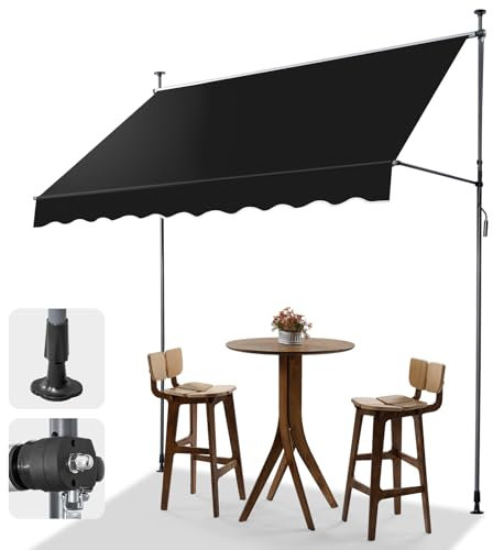 Klemmmarkise, 250 cm, wasserdicht, UV-beständig, verstellbar, mit Handkurbel, ohne Bohren, perfekt für Balkon, Garten, Terrasse, Laden, Verleih, Schwarz